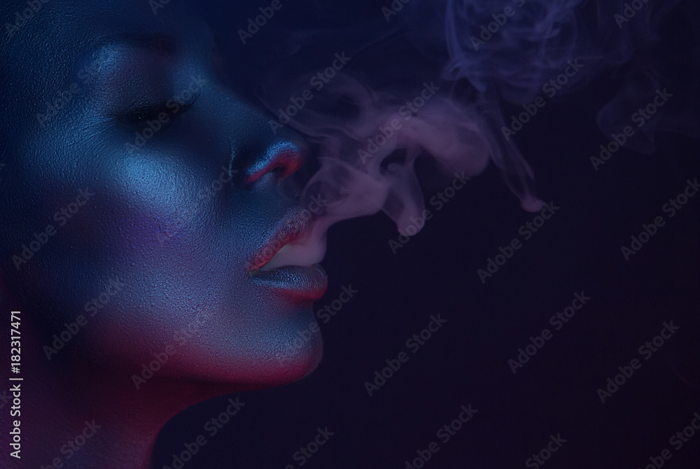 Vape Party, Nightlife. Beautiful Sexy Woman smoking - obrazy, fototapety, plakaty 