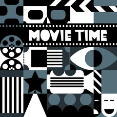 Vector black and white retro cinema concept. Design elements and background for movie festival poster, entrance ticket, flyer. Trendy geometric pattern for fashion textile prints, fabric.