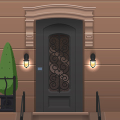 Front door on the wall with two lights. Vector building element. Cartoon house illustration