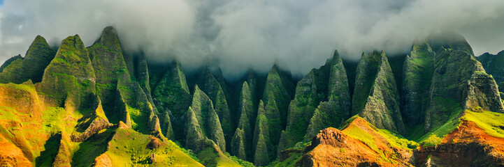 Hawaii Kauai mountains nature travel landscape. Na Pali coast, Kauai, Hawaii of Napali coastline in Kauai island, Hawaii, USA. Panorama banner copy space on mountains.