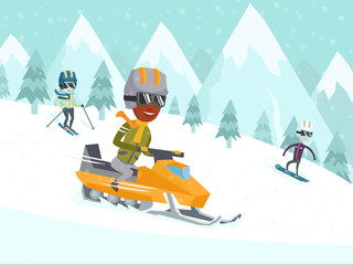 Sticker - Diverse group of happy multicultural people driving snowmobile, skiing and snowboarding in winter mountains. Recreation on nature, winter holiday, winter sports concept. Vector cartoon illustration.