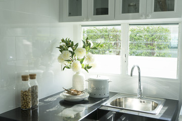 Wall Mural - Modern kitchen with white worktop sink and big window