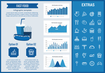 Poster - Fast food infographic template, elements and icons. Infograph includes customizable graphs, charts, line icon set with fast food, a piece of pizza, sweet snacks, restaurant meal, unhealthy meal etc.