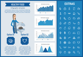 Poster - Healthy food infographic template, elements and icons. Infograph includes customizable graphs, charts, line icon set with food plate, restaurant meal ingredients, eat plan, fish, vegetables, meat etc.