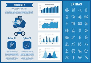 Sticker - Maternity infographic template, elements and icons. Infograph includes customizable graphs, charts, line icon set with pregnant woman, breast feeding, child care, reproductive technologies etc.