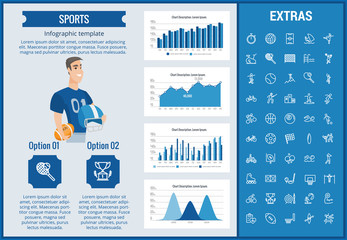 Sticker - Sports infographic template, elements and icons. Infograph includes customizable graphs, charts, line icon set with sport equipment, sports field, competitive games, champion pedestal, athlete etc.