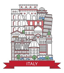 Wall Mural - Travel Italy poster with national architectural attractions in trendy linear style. Italian famous landmarks on white background. Country tourism advertising and worldwide voyage vector concept.