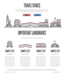 Venice city travel infographics with most important architectural attractions in trendy linear style. Italian national landmarks on white background. Worldwide traveling and journey vector concept.