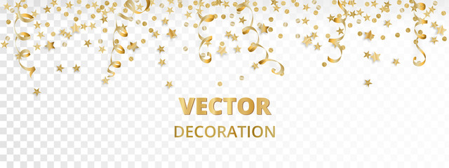 holiday background. isolated golden garland border, frame. hanging baubles, streamers, falling confe