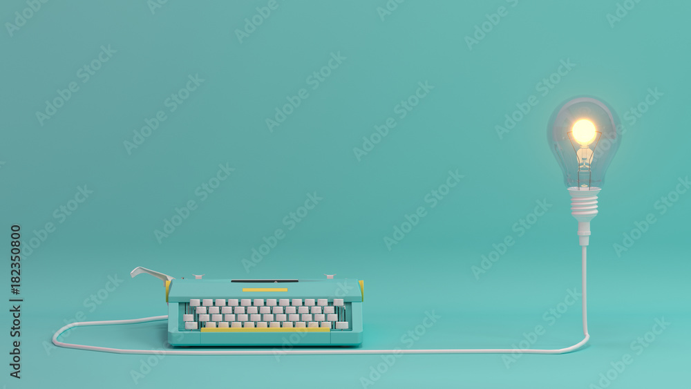 typewriter with light bulb  lighting on valentines day on the table colorful in front of lovely wall  picture for copy space minimal object concept pastel colorful lovely art 3D illustra - obrazy, fototapety, plakaty 
