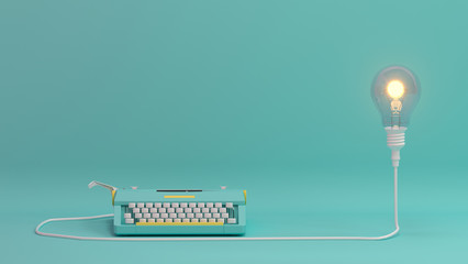 typewriter with light bulb lighting on valentines day on the table colorful in front of lovely wall 