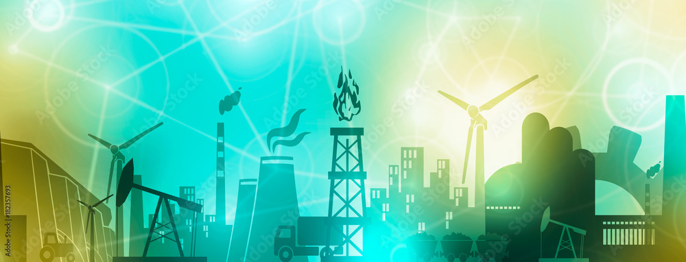 Energy and Power icons set. Header or footer banner. Sustainable energy generation and heavy industry. Softly blurred backdrop. - obrazy, fototapety, plakaty 