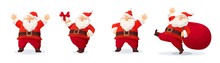 Set Of Cartoon Christmas Illustrations Isolated On White. Funny Happy Santa Claus Character With Gift, Bag With Presents, Waving And Greeting.