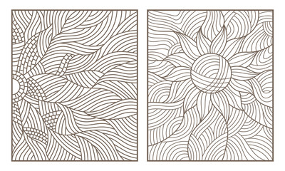  Set contour illustrations of stained abstract flowers on a wavy background, a dark outline on a light background