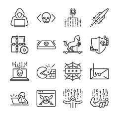 Hacker icon set. Included the icons as hacking, malware, worm, spyware, computer virus, criminal and more.
