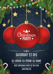 Invitation to a Christmas party. Red ball on beads. Christmas concept from fir tree, snow berries, gold stars and lollipops. White text. Multicolored luminous garland. Vector