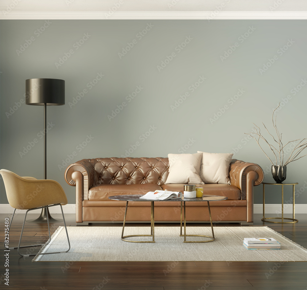 Classic elegant luxury cognac leather sofa - obrazy, fototapety, plakaty 