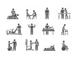 Medical physical therapy and people rehabilitation treatment black silhouette vector icons