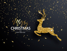 Elegant Christmas Background With Shining Gold Deer. Vector Illustration