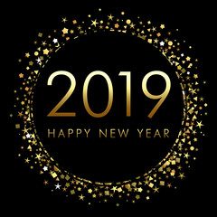 Wall Mural - 2019 Happy New Year background with number and golden glitter. Gold number 2019 and text happy new year, vector design template. Greeting card design