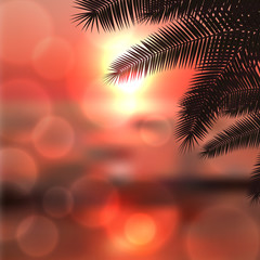 Wall Mural - Sea red sunset with palmtree leaves and light on lens
