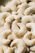 Close Up Of Homemade Traditional German Christmas Cookies Called Vanillekipferl, Crescent Shaped Butter Cookies With Ground Almonds And Dusted With Vanilla Sugar
