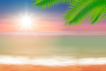 Wall Mural - Beach and tropical sea with bright sun and palmtree leaves