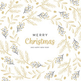 Fototapeta Dziecięca - Merry Christmas and Happy New Year greeting card with black and gold branches and pine cones.