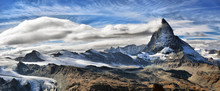 Amazing View Of The Panorama Mountain Range Near The Matterhorn In The Swiss Alps.