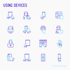 Wall Mural - using devices thin line icons set: gadget, tablet in hands, touchscreen, fingerprint, laptop, wirele