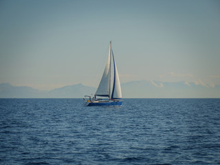  CROATIA, ADRIATIC SEA, 2017.11.07: Sailing boat in front of islands.