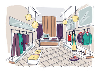 Sticker - Freehand drawing of clothing boutique interior with hanging racks, furnishings, mannequin dressed in stylish clothes. Hand drawn fashion store or trendy apparel shop. Colorful vector illustration.