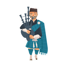 Vector Cartoon Scotland Man Bagpiper In National Traditional Clothing Holding Scottish Musical Instrument Bagpipe. Isolated Illustration On A White Background.