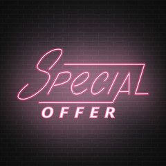 Wall Mural - Neon Sale. Special Offer lettering script design. Neon sale sign on the brick wall