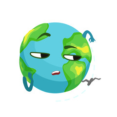 Sticker - Funny boring Earth planet character and airplane flying around it, cute globe with face and hands vector Illustration