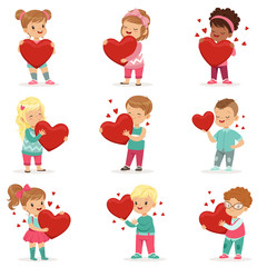 Wall Mural - Set of cute kids characters with paper red hearts in hands. Cute cartoon illustration of boys and girls. Flat vector on white.