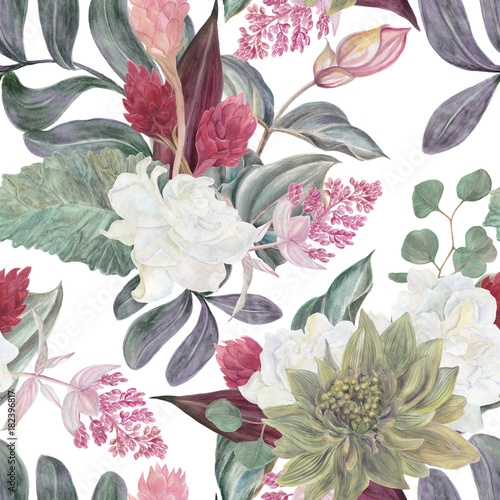 Dekoracja na wymiar  bezszwowe-recznie-ilustrowany-kwiatowy-wzor-z-rozowym-medinilla-magnifica-akwarela-botaniczna