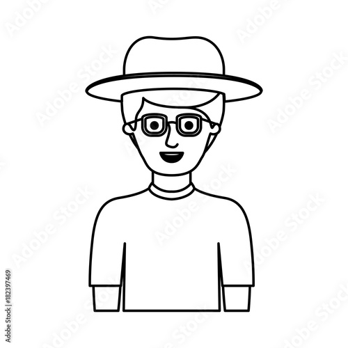 Man Half Body With Hat And Glasses And T Shirt With Short Hair In