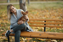 Young Beautiful Woman In The Park With Her Funny Long-haired Chihuahua Dog. Autumn Background 