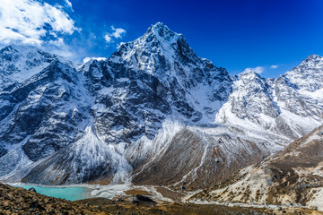 Sticker - Snow mountain peaks on Ama Dablam. Panoramic view of Himalaya mountain. Way to Everest base camp, Khumbu valley, Sagarmatha national park.