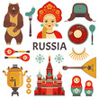 Russia icons set. Vector collection of Russian culture and nature images, including St. Basil's Cathedral, russian doll, balalaika, borscht, portrait of Russian beauty in kokoshnik. Isolated on white.