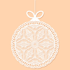 Canvas Print - Decorative white lace Christmas ball toy on beige background