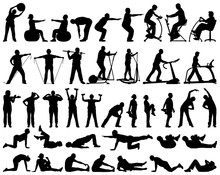 Vector Silhouettes Collection Of Active Senior People Doing Fitness Exercises
