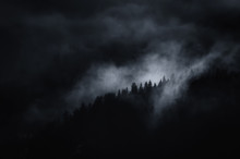 Dark Landscape, Misty Mountain With Trees At Night
