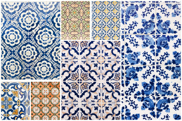  Beautiful collage of different traditional portuguese tiles called azulejos