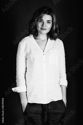 Monochrome Portraite Of Young Beautiful Smiling Woman Actress