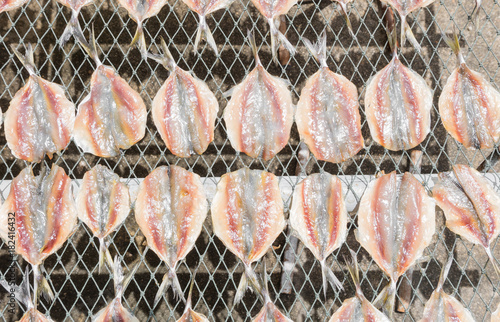 Fotografia, Obraz dried yellow stripe scad fish by sunlight on net table outdoor