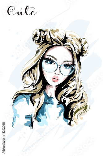 Hand Drawn Beautiful Young Woman In Sunglasses Cute Girl