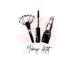 Makeup artist logo banner. Business card and logo concept. Beauty Set for make-up: lipstick, mascara brush, makeup brush and watercolor stain. Logo vector template illustration