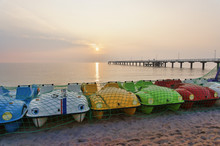 Pier And Pedal Boats On The Beach, Baltic Sea, Timmendorfer Strand, Schleswig-Holstein, Germany